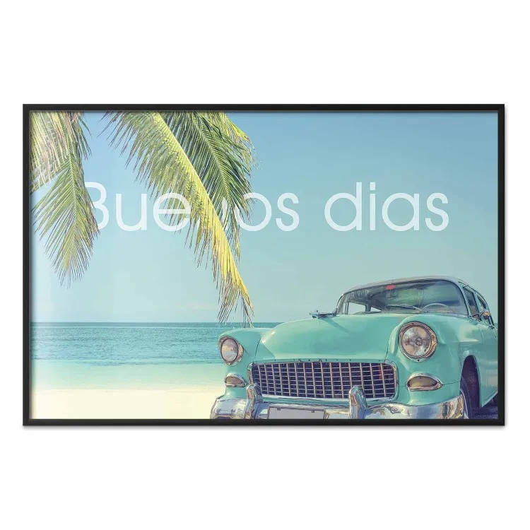 Buenos dias - auto retrò blu sullo sfondo di palme e cielo blu