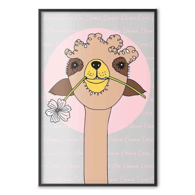 Lama allegra - animale marrone con fiore su sfondo artistico colorato