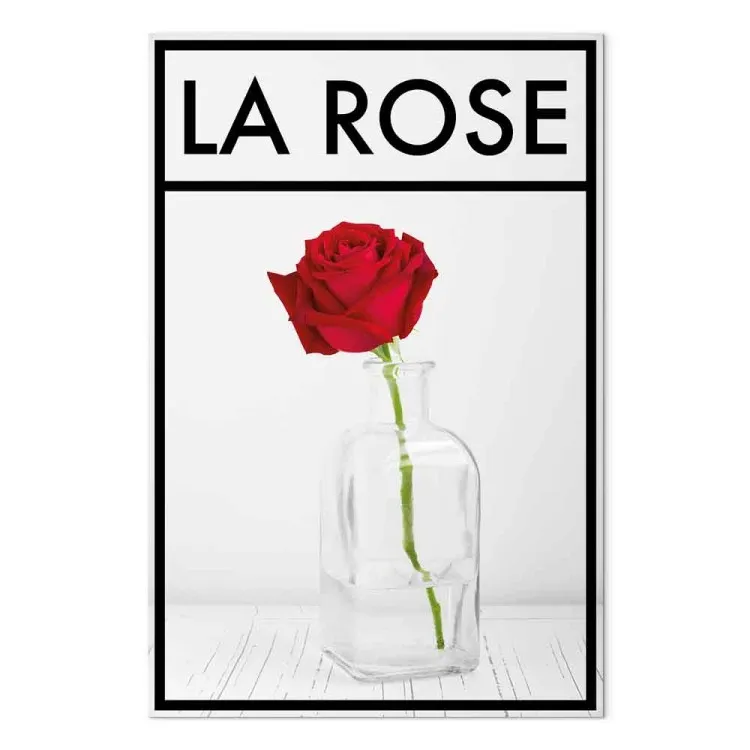 Rosa - una rosa in un vaso su uno sfondo grigio chiaro con una cornice nera e una scritta in francese perfetta per una stanza o una sala da pranzo