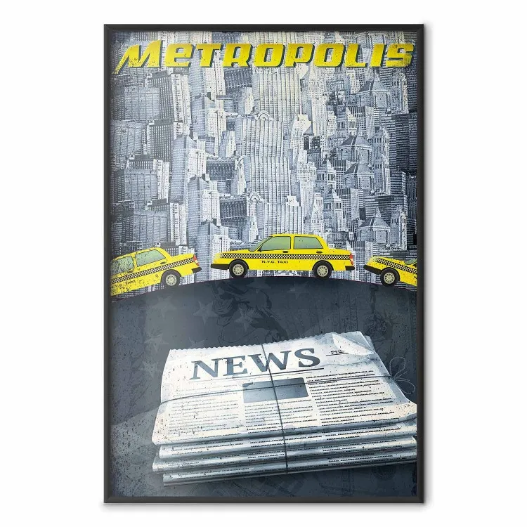 Metropoli - giornali con scritte e auto gialle con grattacieli