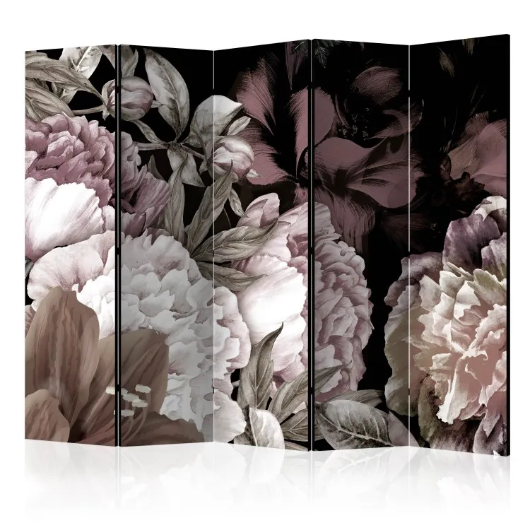 Dolce sonno II (5 parti) - foglie e fiori colorati su sfondo nero