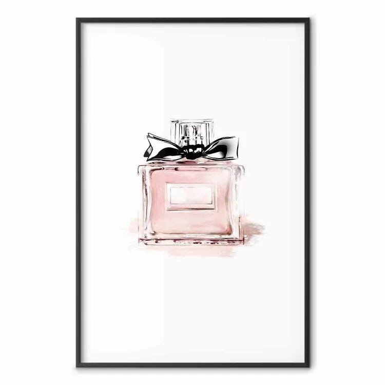Profumo - flacone rosa con nastro nero su pastello