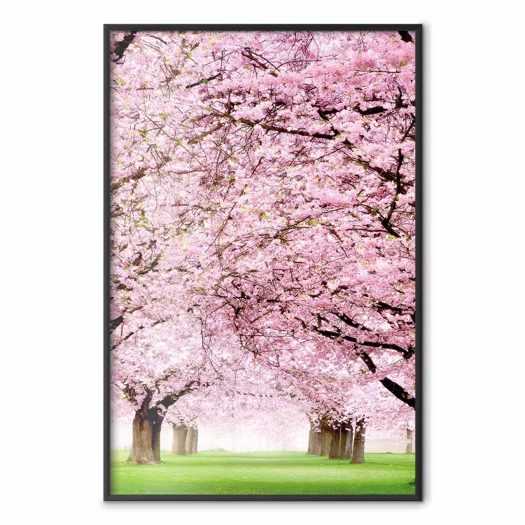 Giardino di ciliegi - paesaggio di erba verde e alberi con foglie rosa