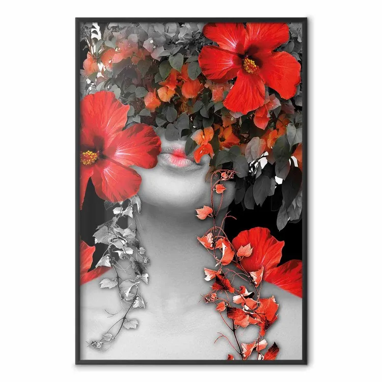 Sogni giapponesi - fiori rossi su sfondo astratto di una donna