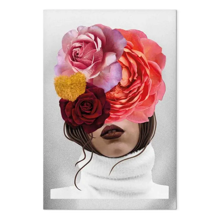 Peonie e rose coperte da una faccia femminile - ritratto astratto