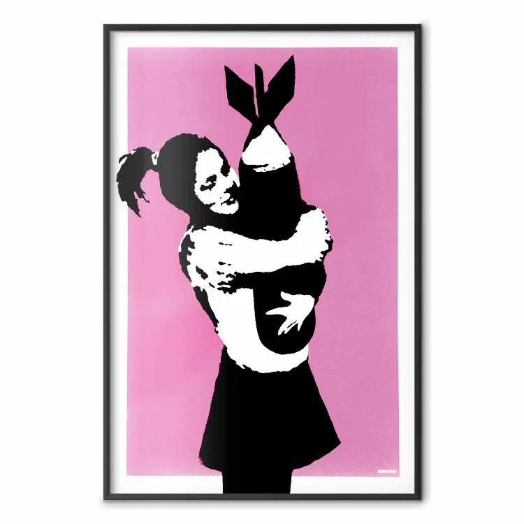 Abbraccio bomba - ragazza con bomba su sfondo rosa, stile Banksy