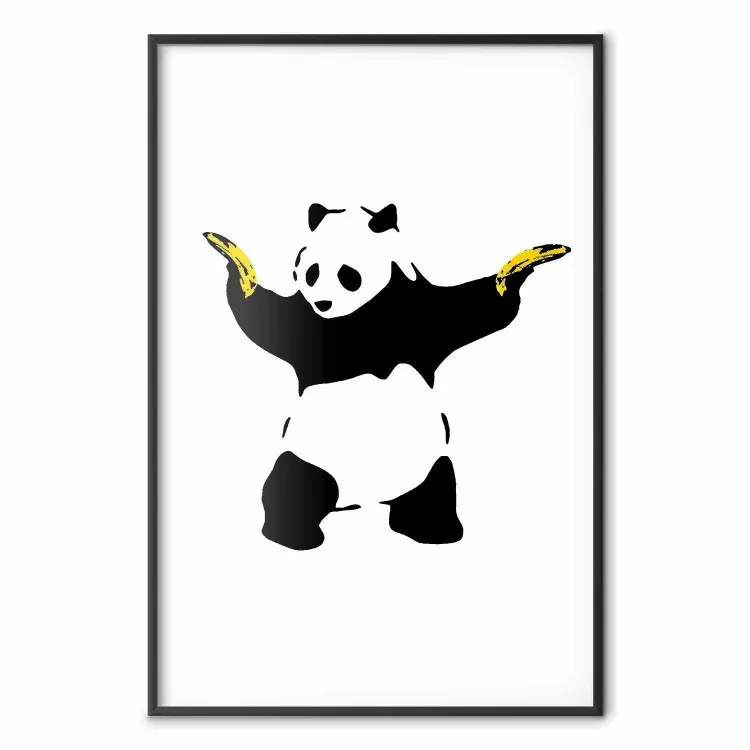 Panda con pistole - animale bianco e nero, banane, sfondo bianco