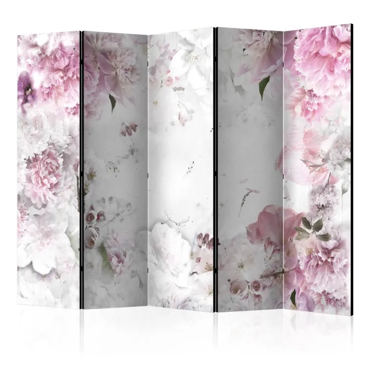 Peonie danzanti II (5 parti) - fiori romantici su sfondo bianco