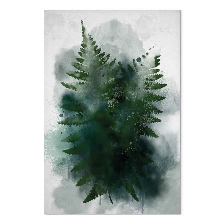 Foglie di piante in una nuvola fredda di nebbia, verde e grigio