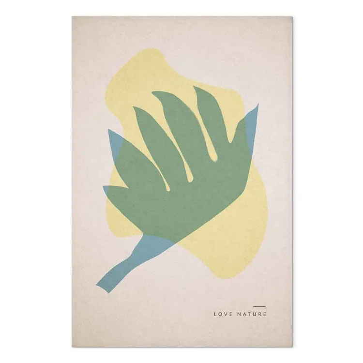 Ama la natura - astrazione color pastello nello stile scandinavo con una foglia a forma di un uccello che spicca il volo e una scritta in inglese