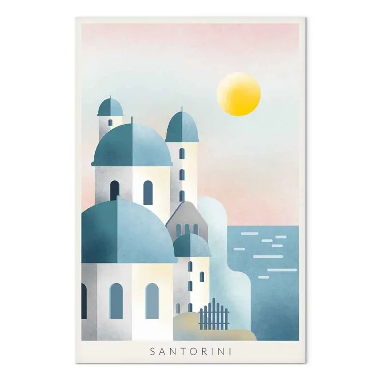 Santorini greco - paesaggio con una caratteristica architettura bianca dell'isola di Santorini e del mare con le scritte