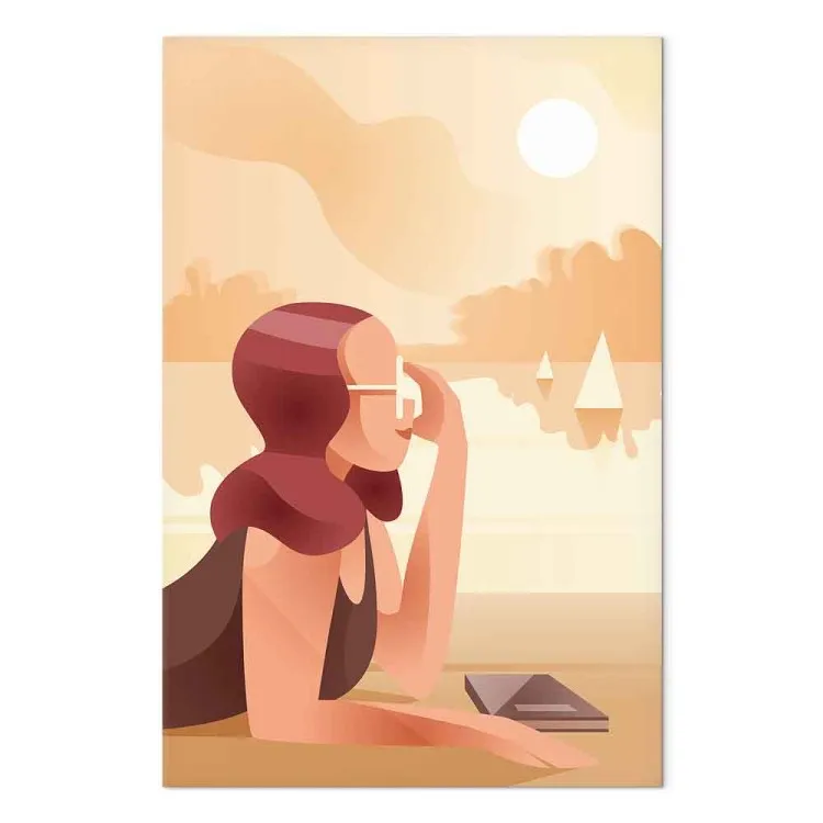 Opere d'arte con spiaggia, sagoma di donne e barche a vela