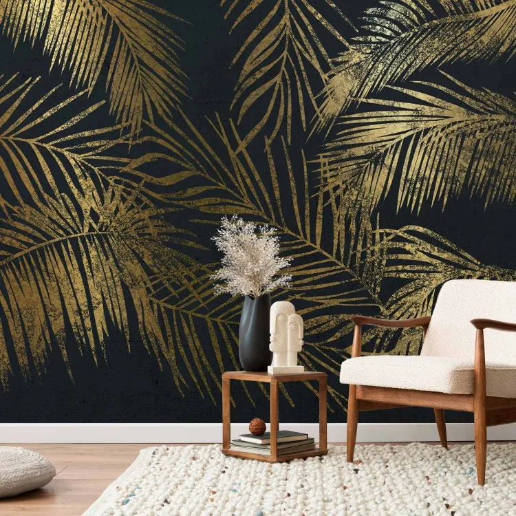 Natura tropicale - motivo vegetale di palme dorate su sfondo blu scuro