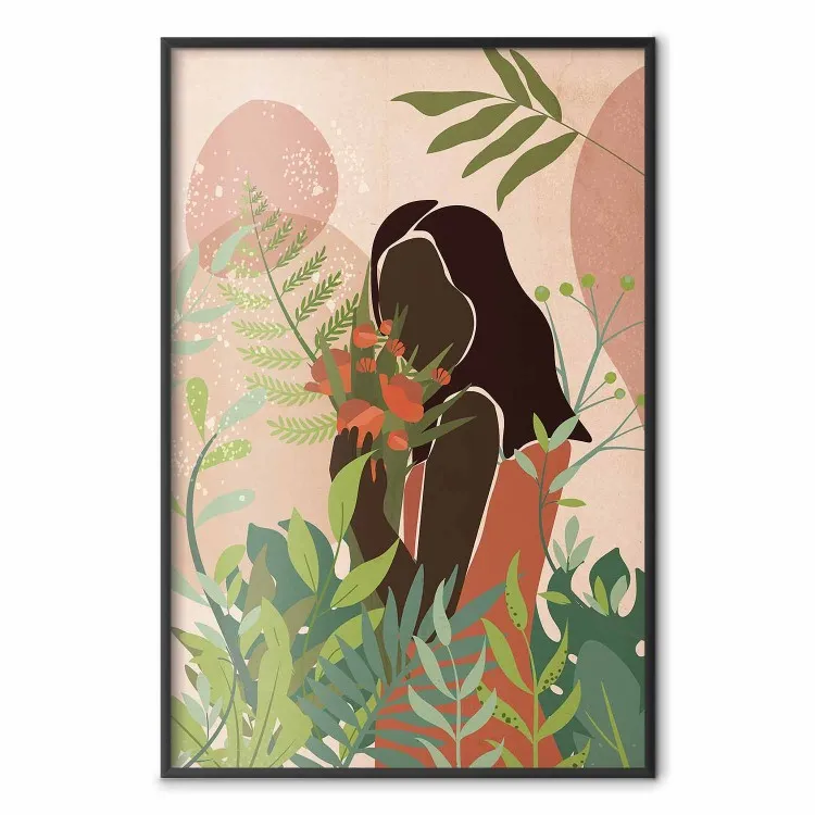 Donna nel verde - ritratto di donna nera tra piante su astratto