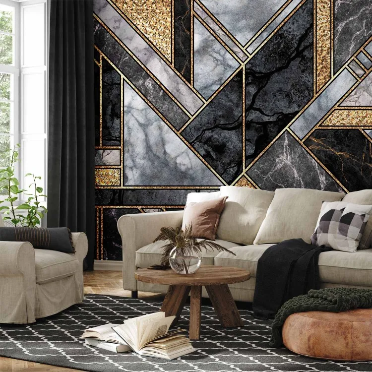 Art deco geometrico - marmo grigio e nero con disegni dorati
