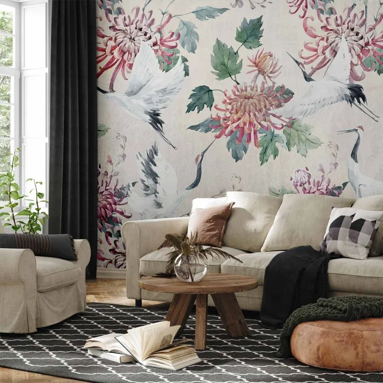 Composizione orientale - motivo di gru con fiori e foglie su sfondo