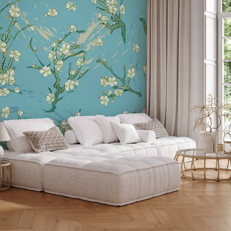Fiori asiatici - fiori di mandorlo in fiore su sfondo blu