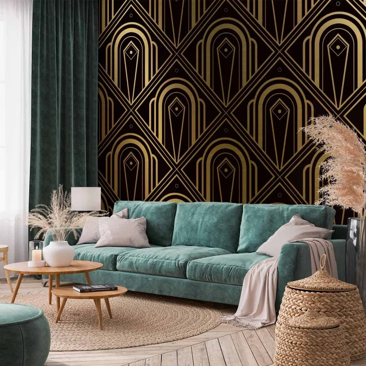 Art deco - astrazione con motivo catenaccio dorato su sfondo turchese