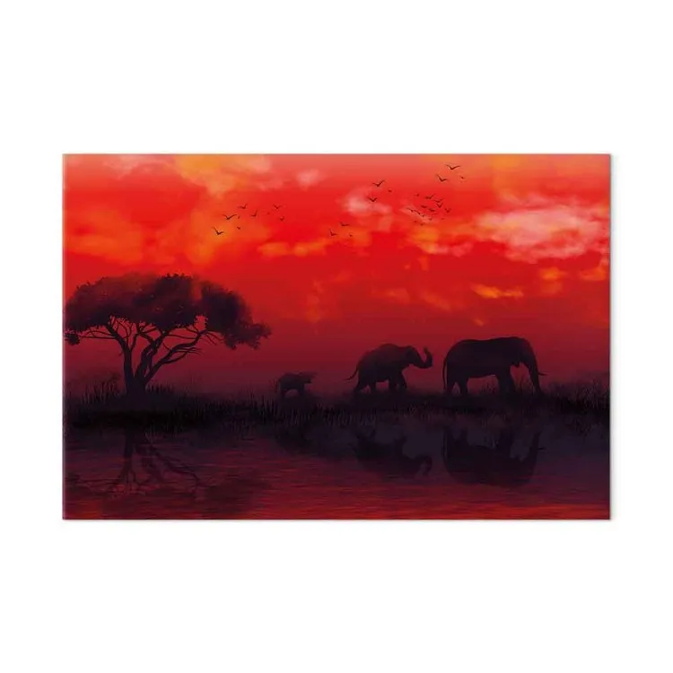 Paesaggio africano (1-pezzo) ampio - elefanti e cielo rosso