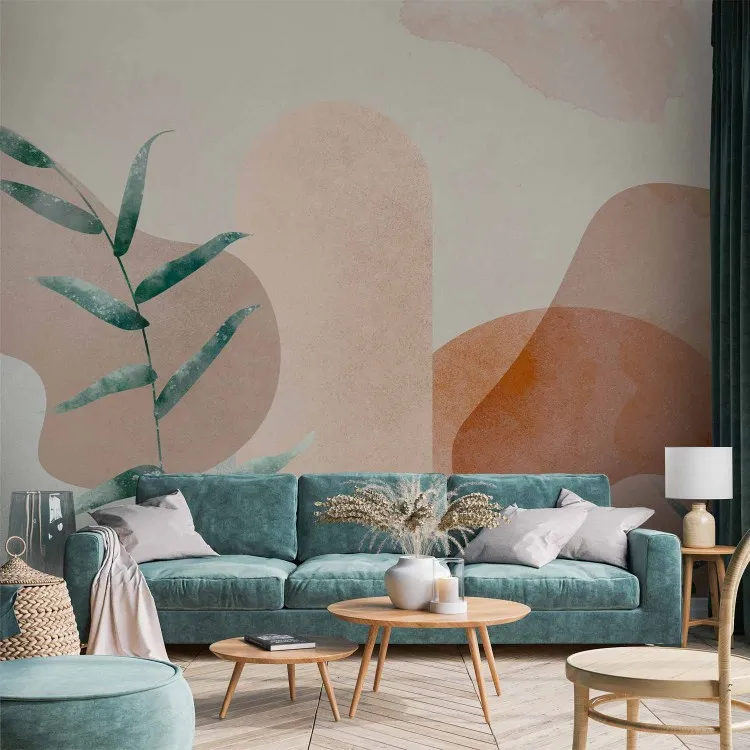 Composizione - astrazione con forme colorate e foglie verdi