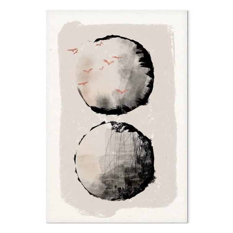 Due lune (1-parti) - astrazione giapponese con due cerchi e uccelli