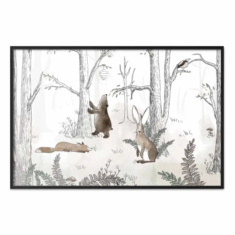Animali della foresta - foresta disegnata con felci ad acquerello