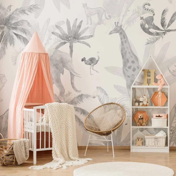 Tropical Safari - Wild Animals in Grays on a White Background