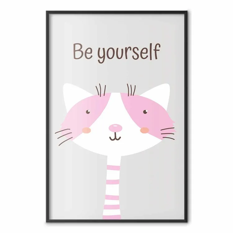 Sii te stesso - gatto rosa allegro e slogan motivazionale per bambini