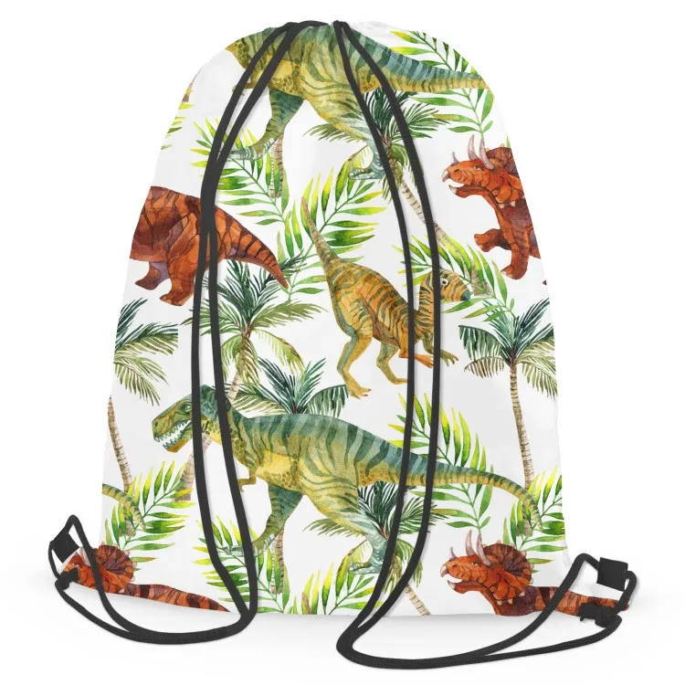 Dinosauri ai tropici - animali, foglie e palme su sfondo chiaro