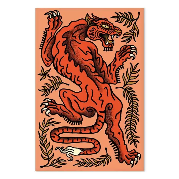 Tigre rossa (1-parte) - felino foglie, sfondo salmonato