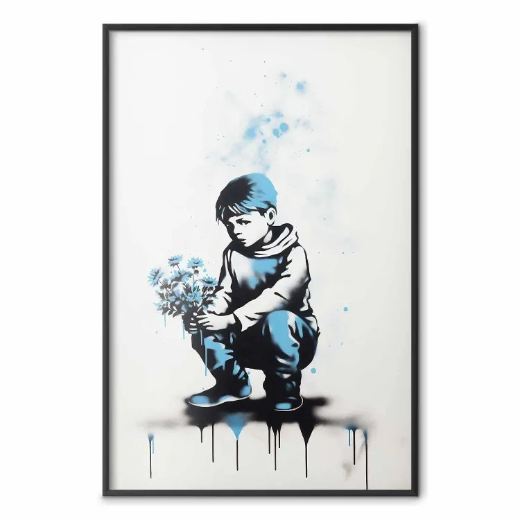 Graffiti blu - ragazzo con bouquet ispirato allo stile Banksy