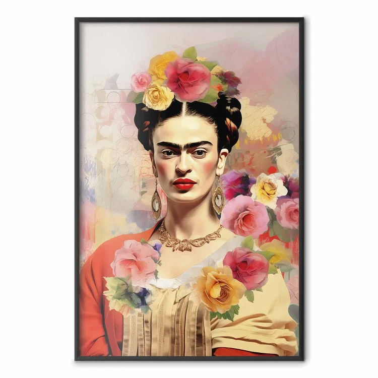 Ritratto sottile - Frida Kahlo su uno sfondo sfocato pieno di fiori