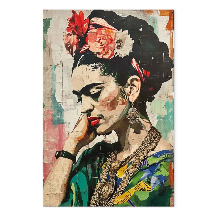 Frida Kahlo - ritratto colorato di una donna su un muro screpolato