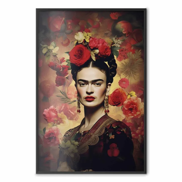 Ritratto con rose - Frida Kahlo su uno sfondo marrone pieno di fiori