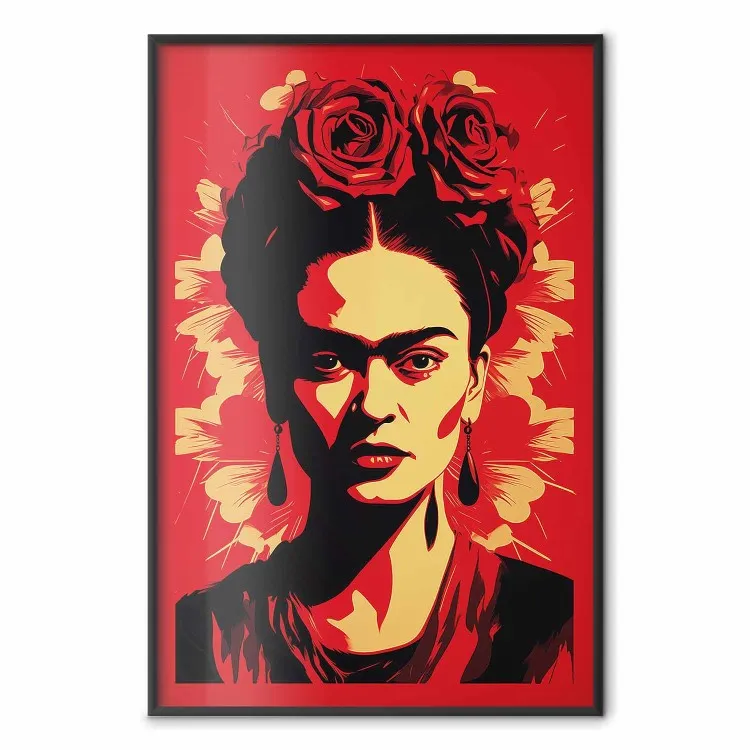 Ritratto di Frida - poster della pittrice su sfondo rosso