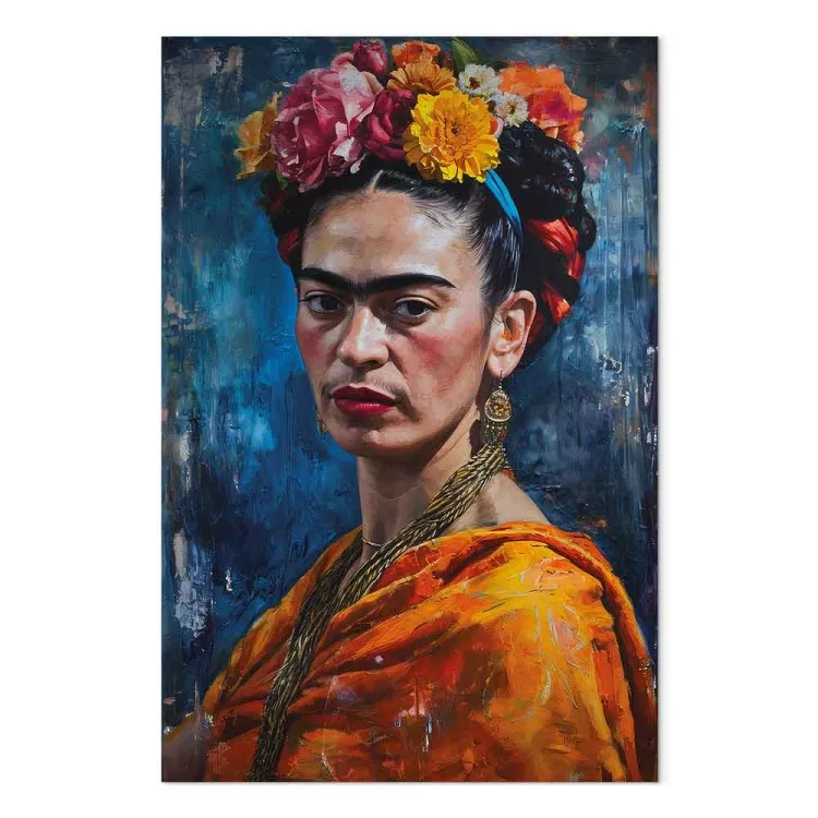 Frida Kahlo - ritratto pittorico dell'artista su sfondo blu scuro