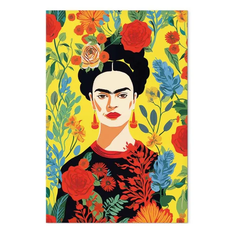 Frida Kahlo - ritratto dell'artista su sfondo floreale giallo