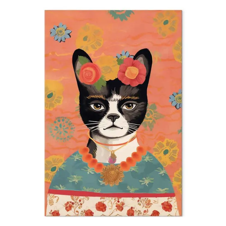 Ritratto di animale - gatto con fiori ispirato all'immagine di Frida