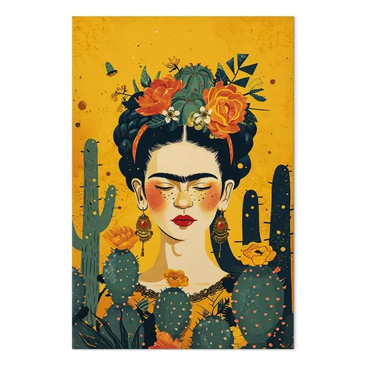 Frida con cactus - ritratto della pittrice su sfondo arancione