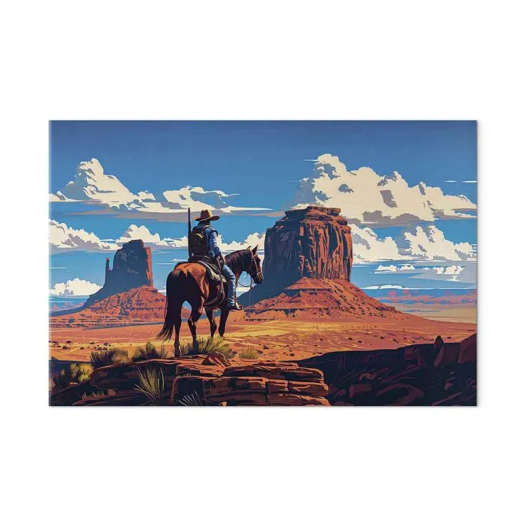 Cowboy nella natura selvaggia - cavaliere ammira paesaggio roccioso