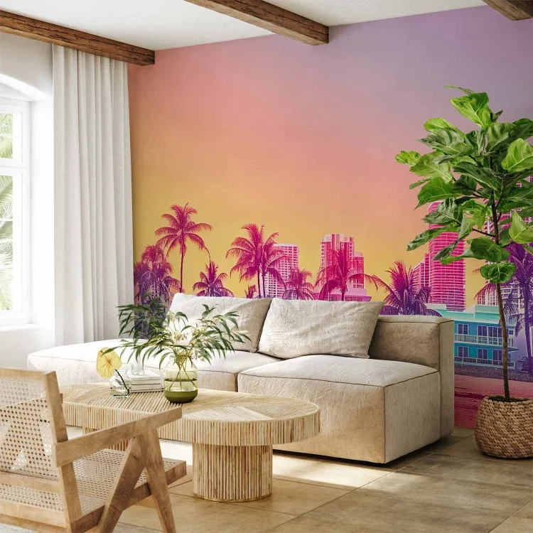 Spiaggia al tramonto - grattacieli colorati con palme e sabbia