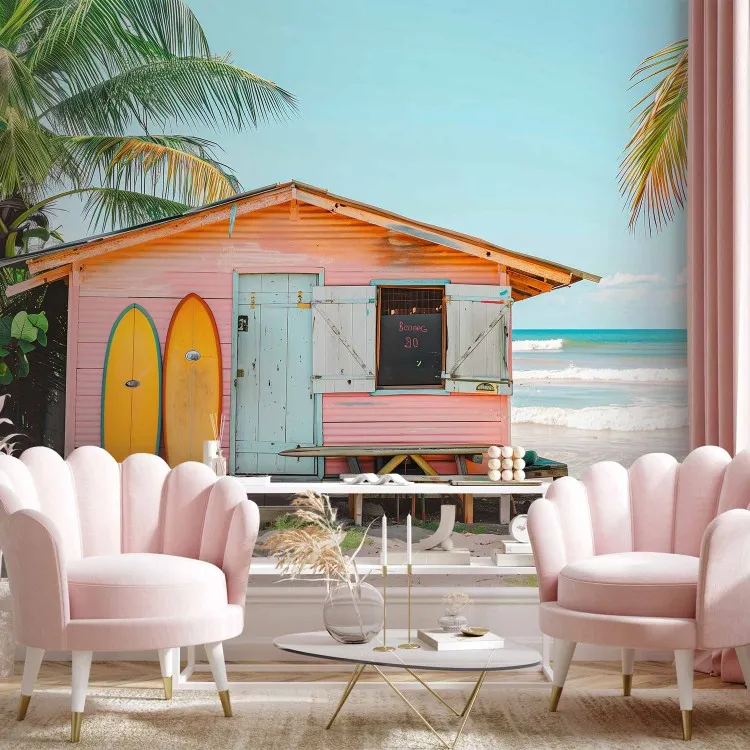 Surf Shack - lodge dai colori pastello con due tavole da surf e palme