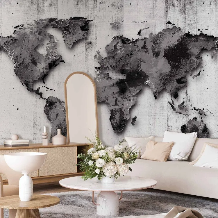 Mondo in tonalità di grigio - mappa del mondo su sfondo di legno retrò