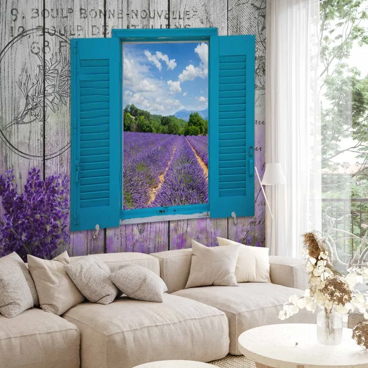 Cartolina dalla Provenza - motivi provenzali in stile retrò, finestra con vista sul campo di lavanda