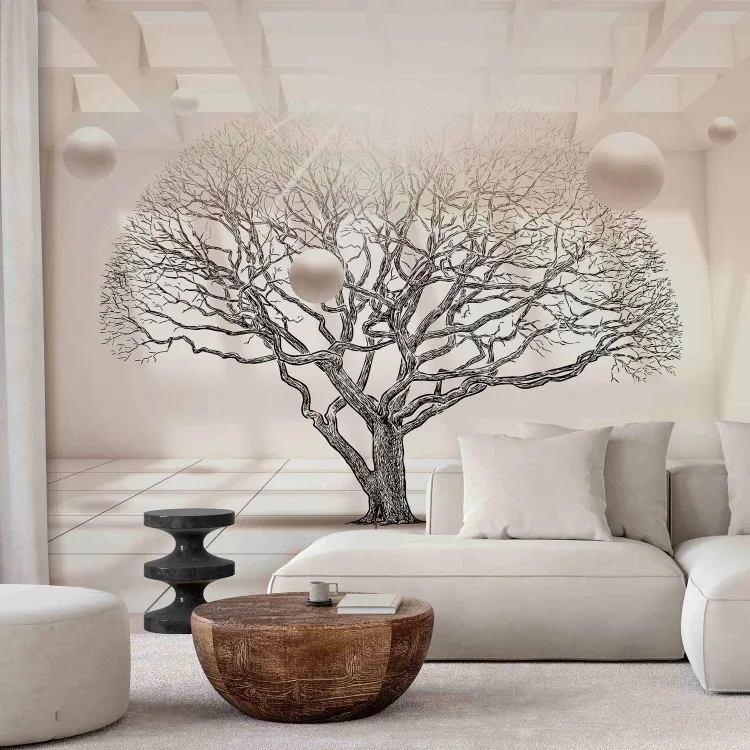 Paesaggio geometrico - albero senza foglie in uno spazio beige