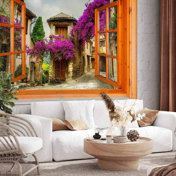 Vista dalla finestra - paesaggio colorato, toscano su uno sfondo bianco con mattoni